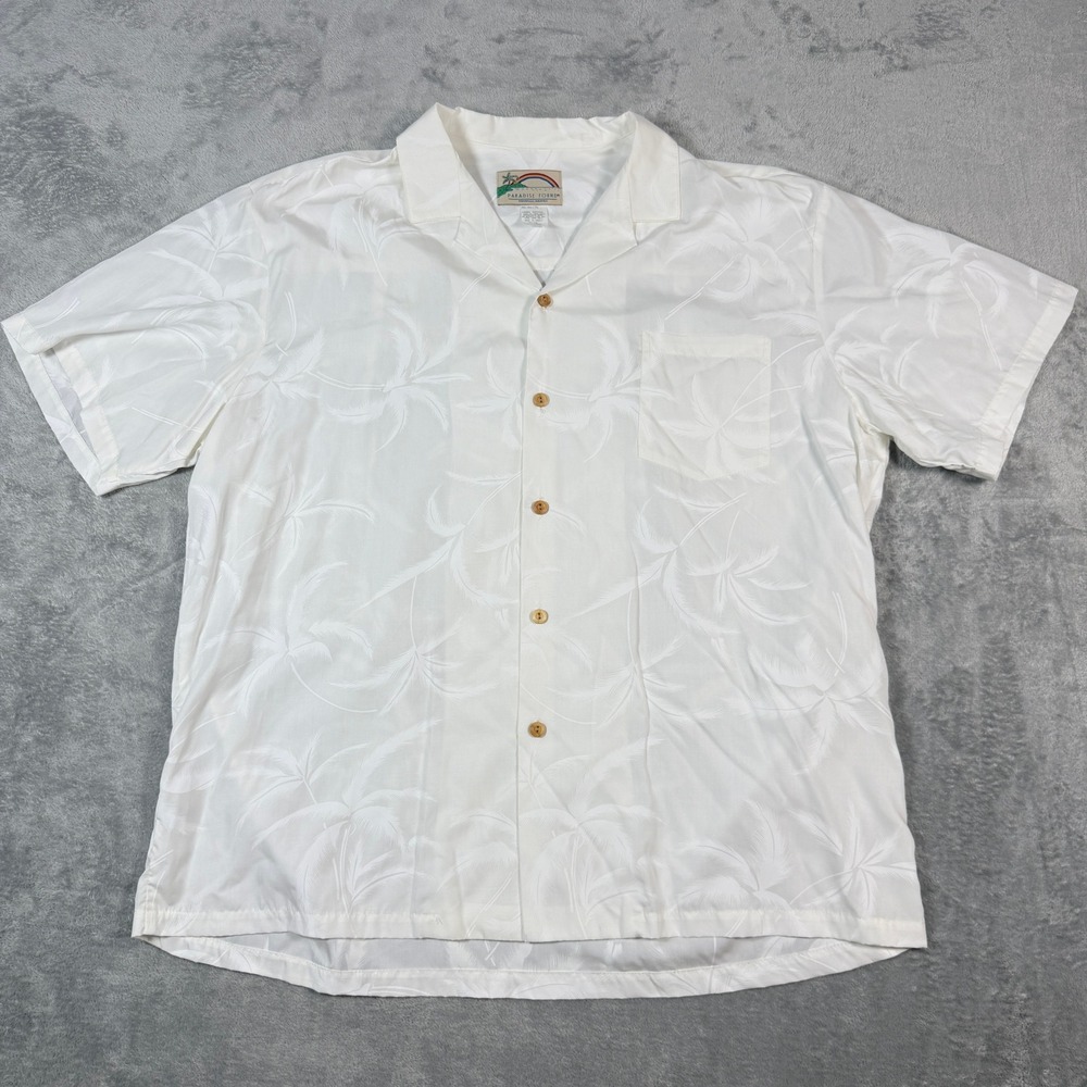 Vintage Paradise Found Mens XL Short Sleeve White Tonal Palm Leaf Rayon Hawaii